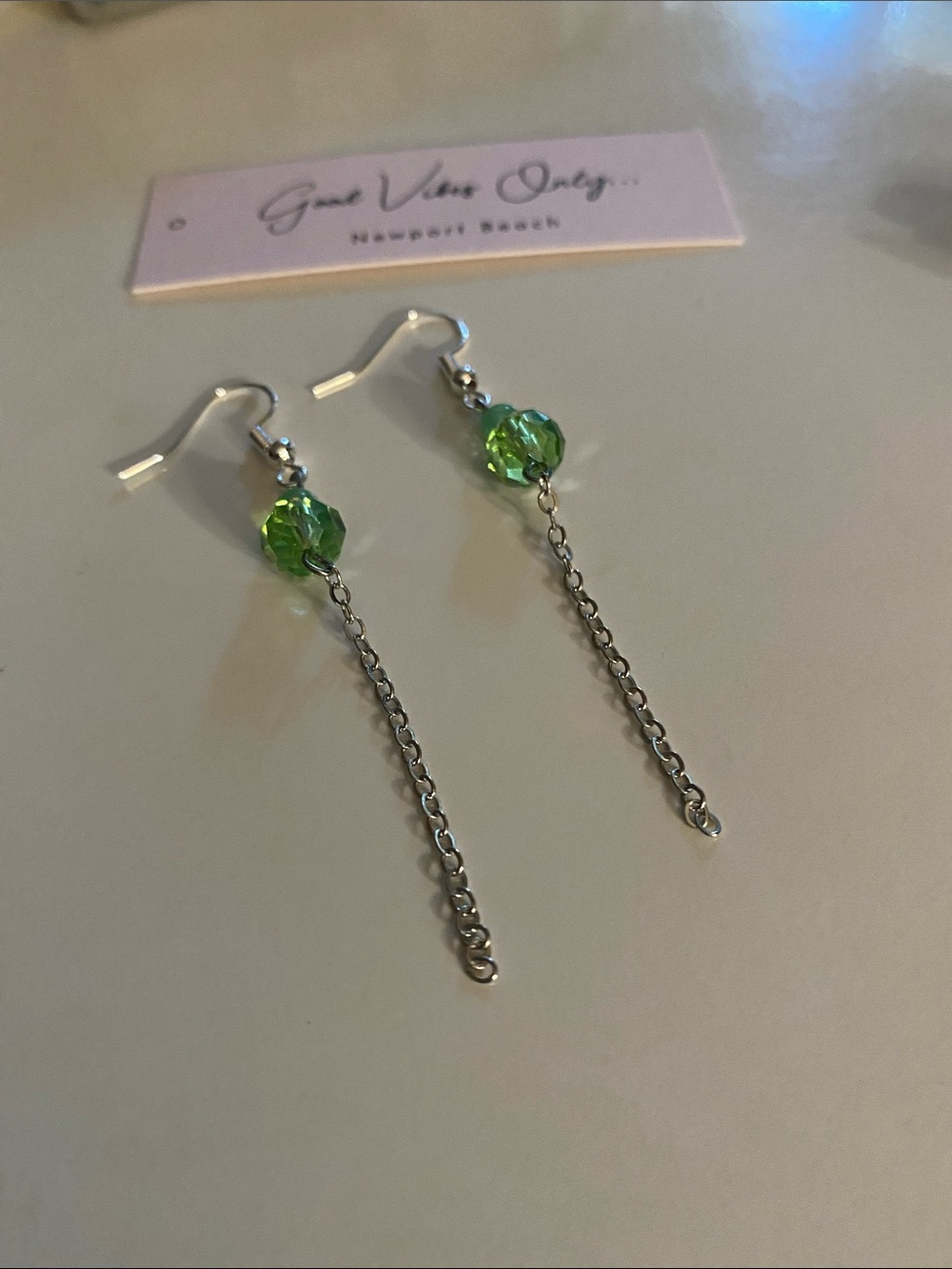 Newport Beach Peridot Green and Fine Silver Chain Bead Drop Earrings!